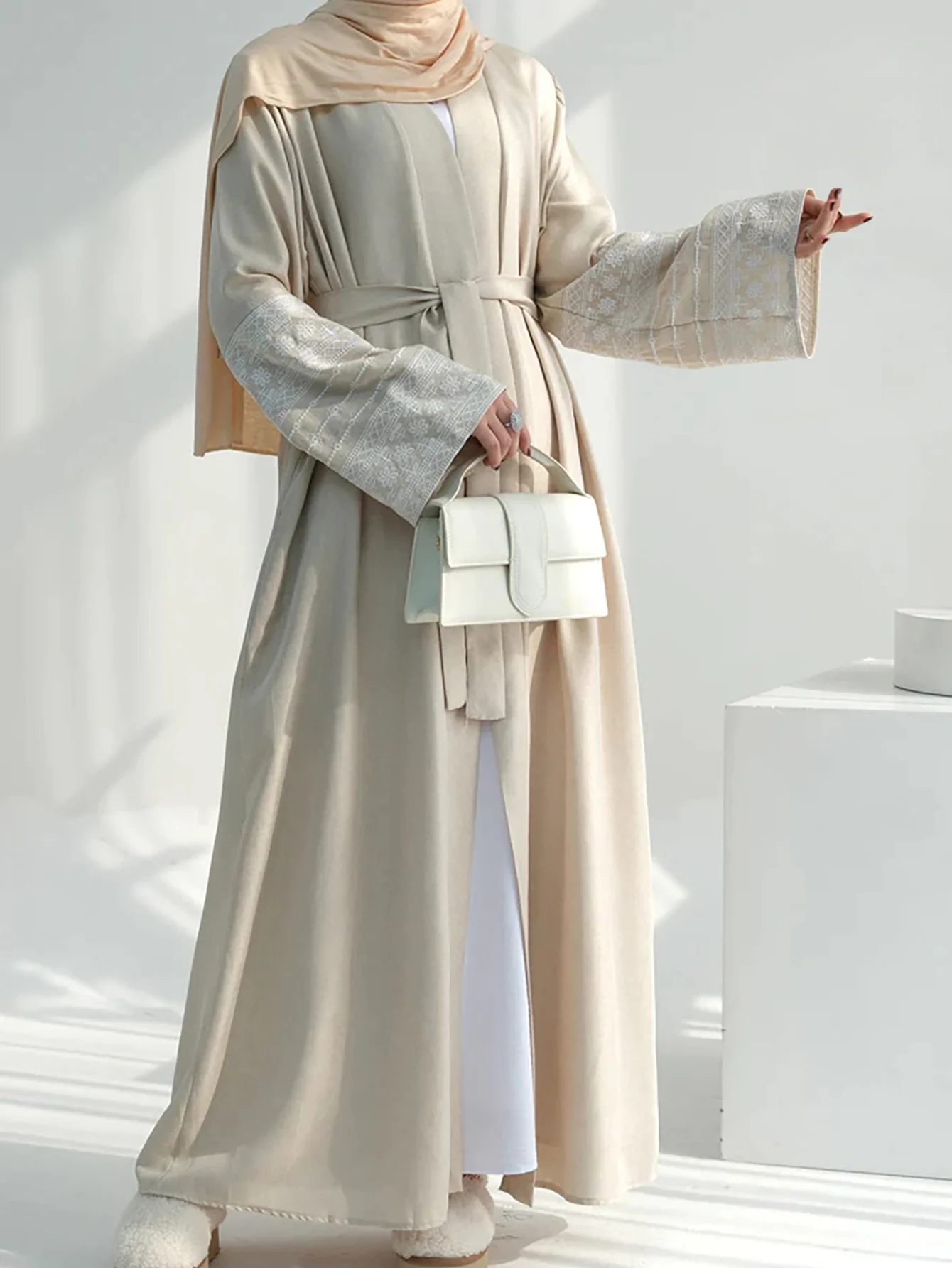 Open Abaya With Embroidered Sleeves - Beige (clearance item online only) - Image 5