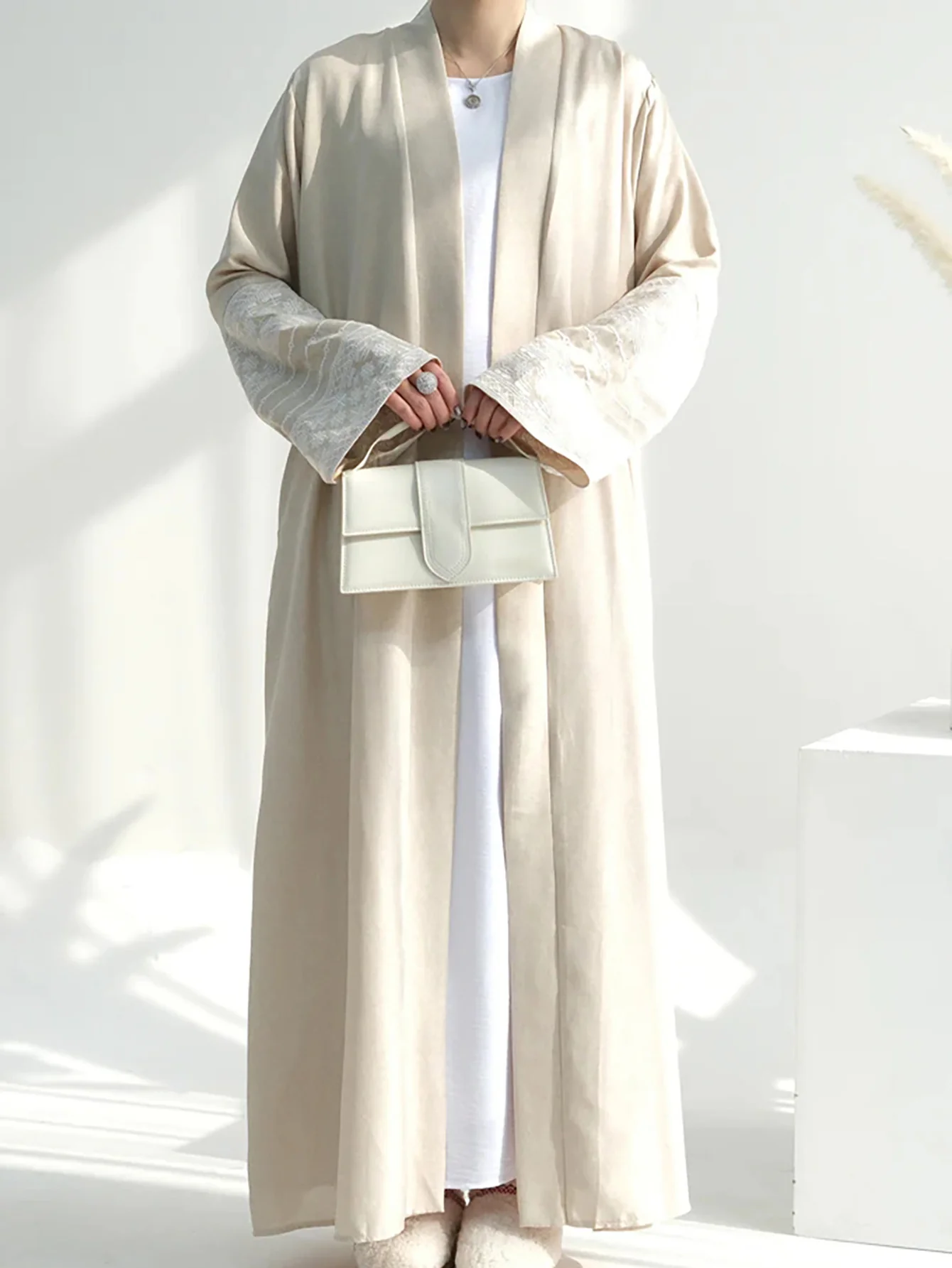 Open Abaya With Embroidered Sleeves - Beige (clearance item online only) - Image 6