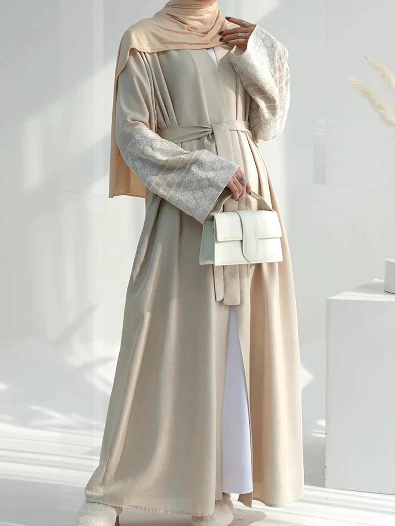 Open Abaya With Embroidered Sleeves - Beige (clearance item online only) - Image 7