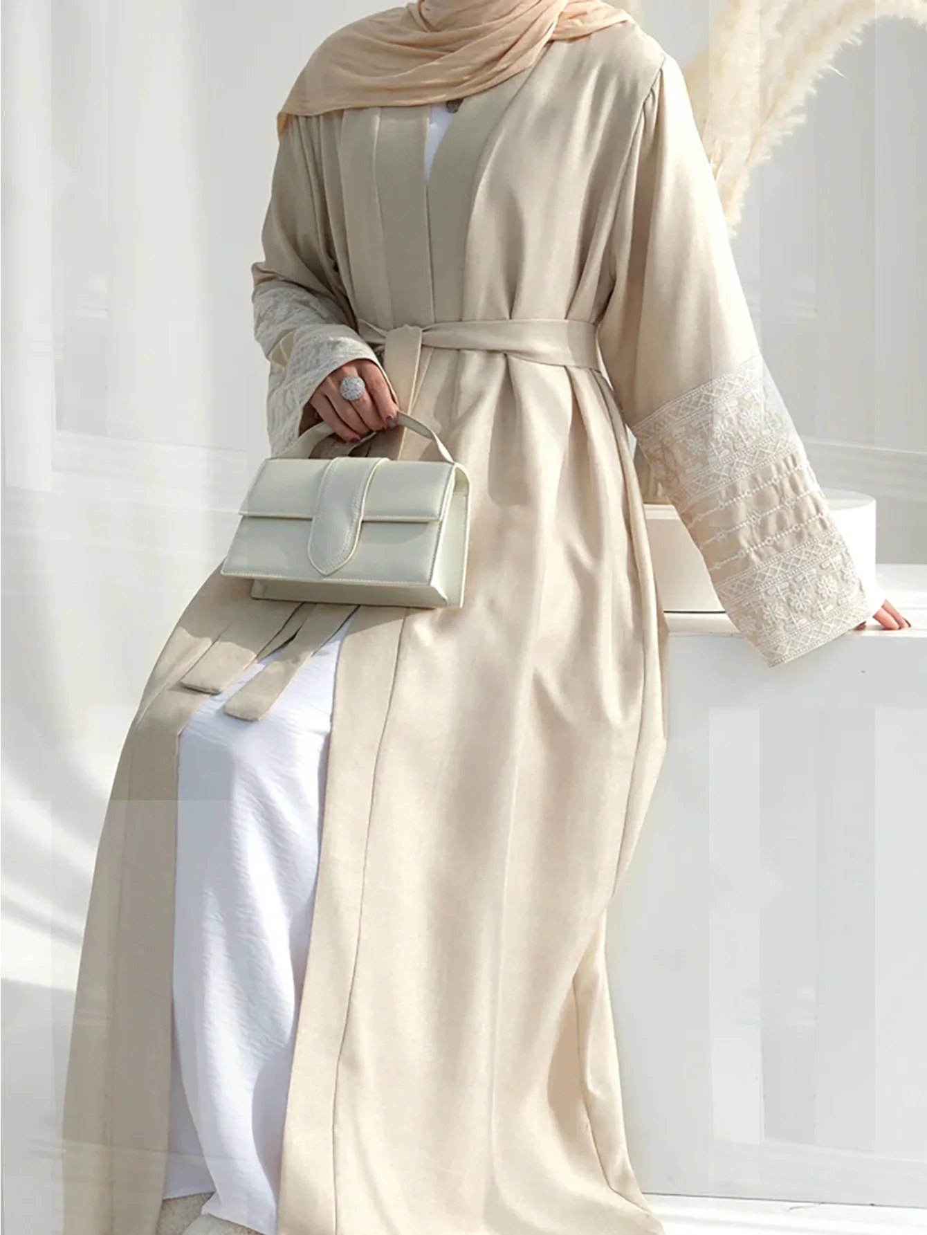 Open Abaya With Embroidered Sleeves - Beige (clearance item online only) - Image 8