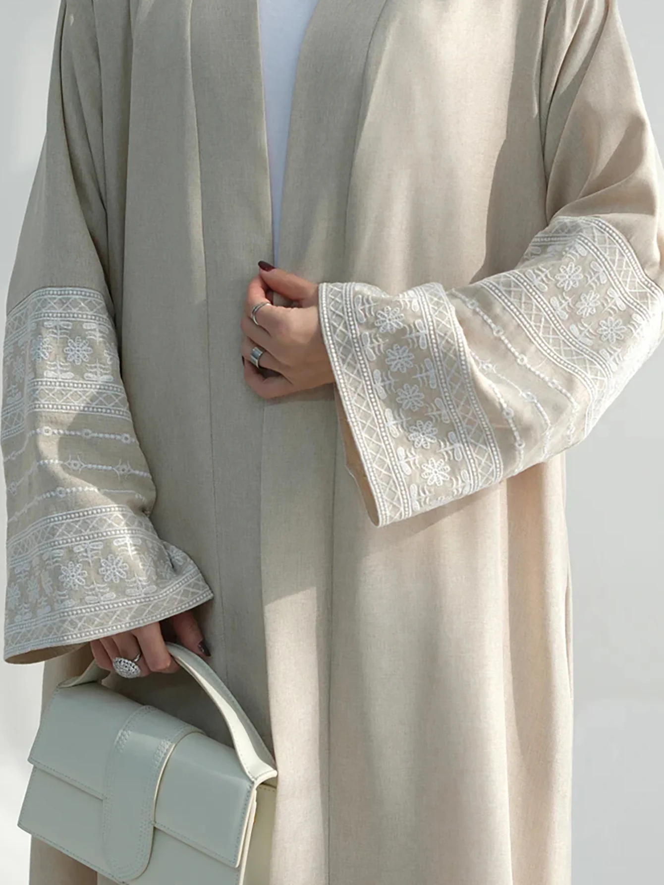 Open Abaya With Embroidered Sleeves - Beige (clearance item online only) - Image 9