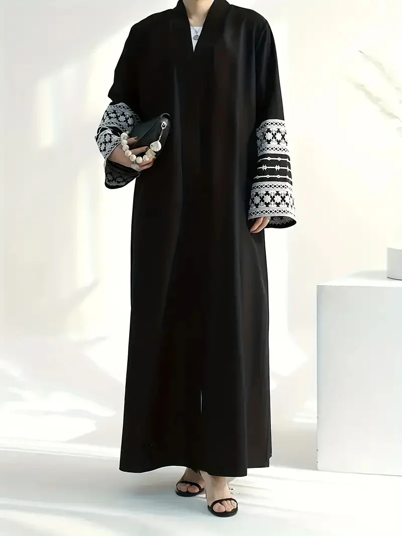 Open Abaya With Embroidered Sleeves - Black (clearance item online only) - Image 2