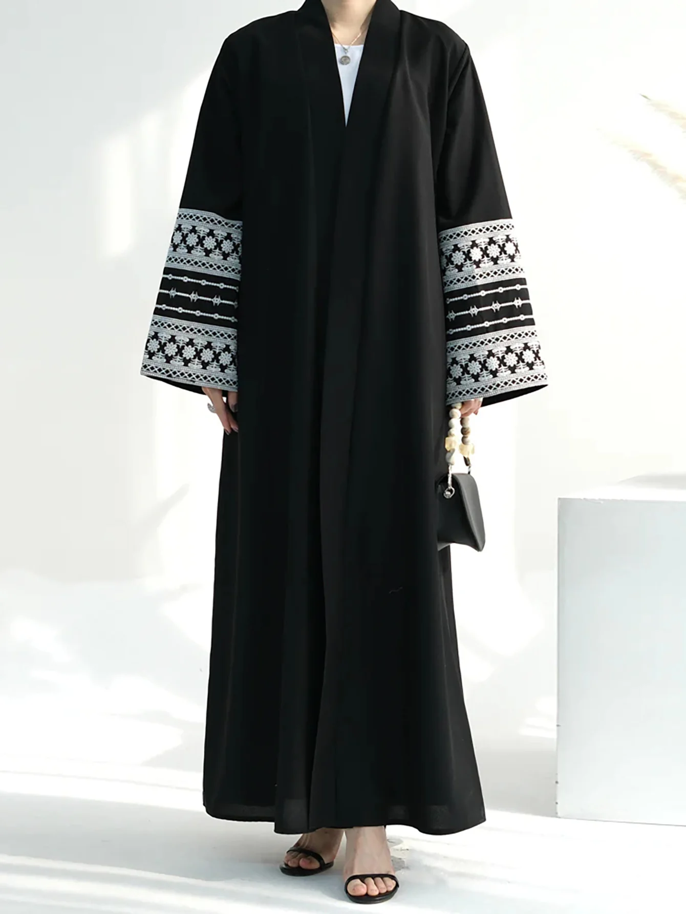 Open Abaya With Embroidered Sleeves - Black (clearance item online only) - Image 6