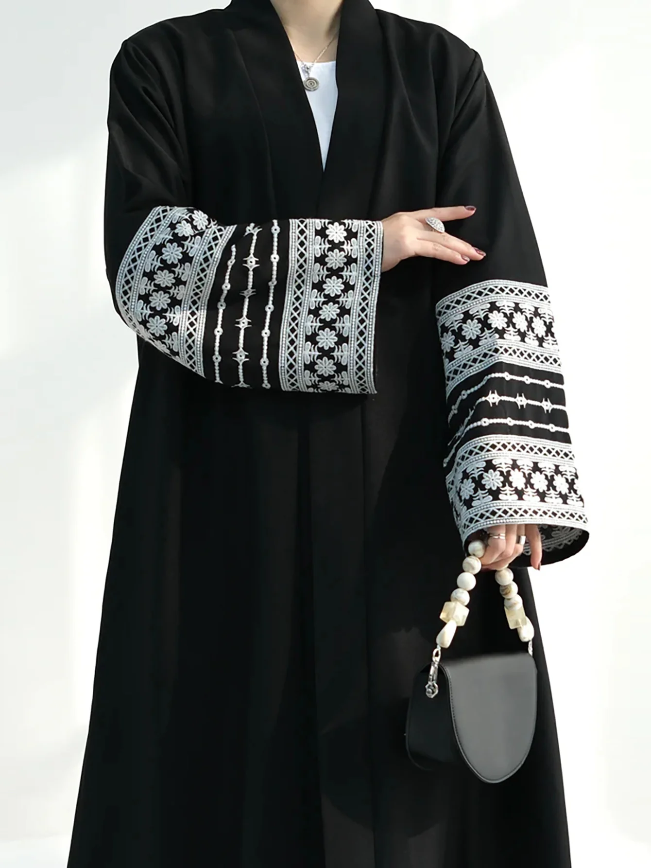 Open Abaya With Embroidered Sleeves - Black (clearance item online only) - Image 7