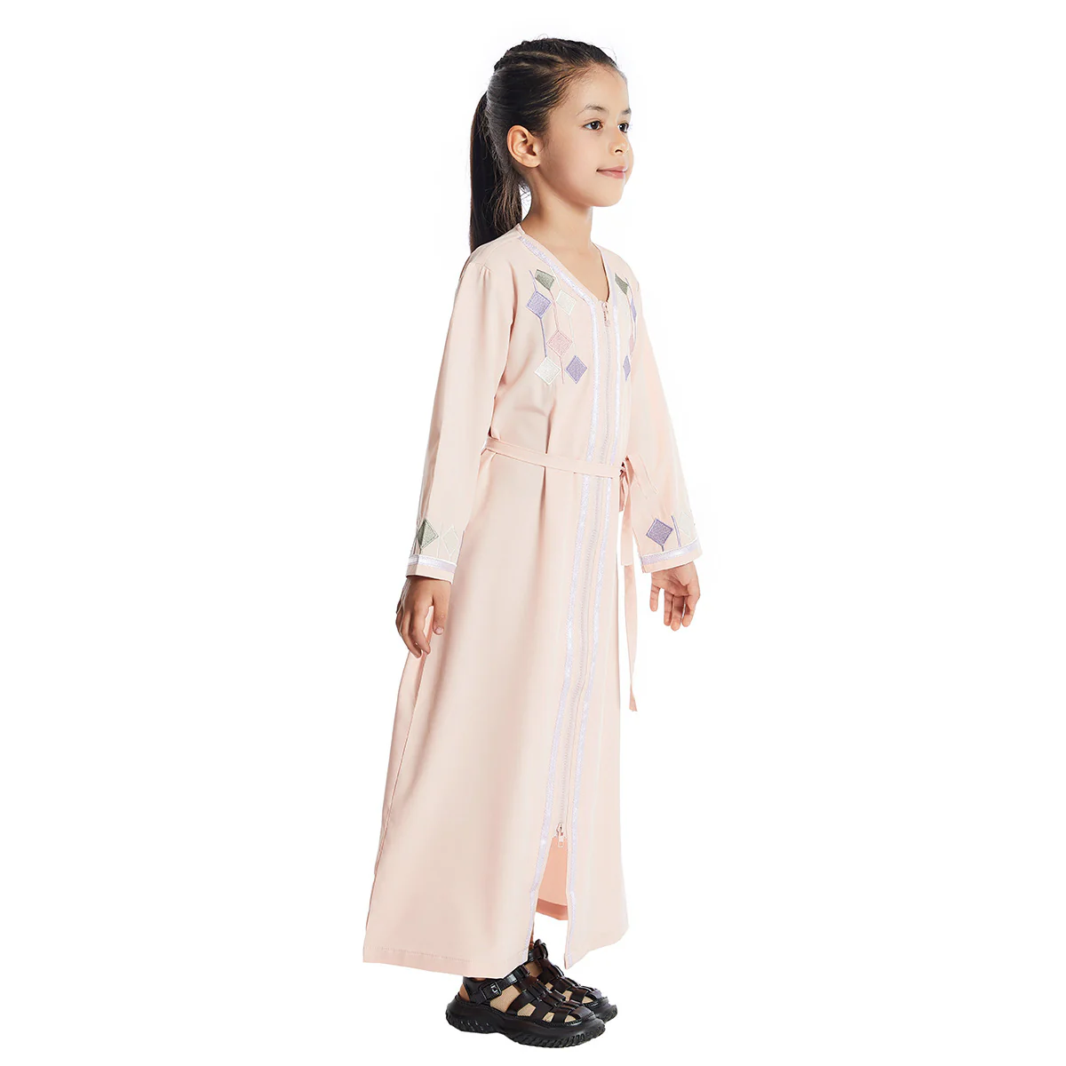 Pink Girls Abaya With Embroidery - Image 4