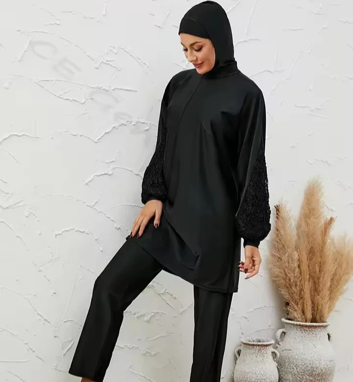 Plain Burkini Modest Swimwear Set - Black | 3 Piece Set - Image 3