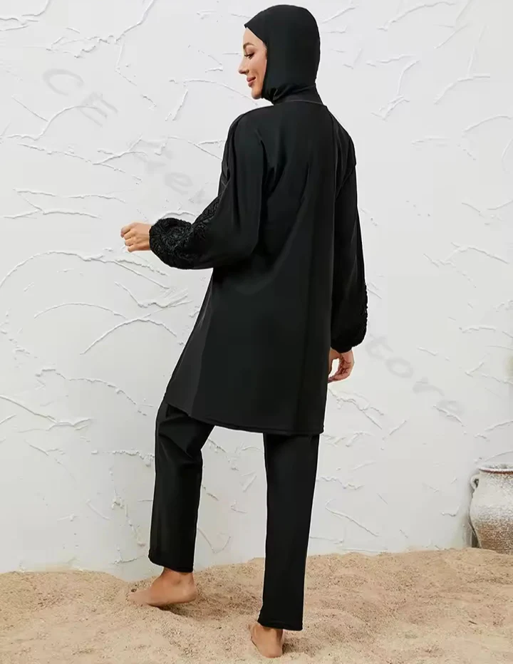 Plain Burkini Modest Swimwear Set - Black | 3 Piece Set - Image 4