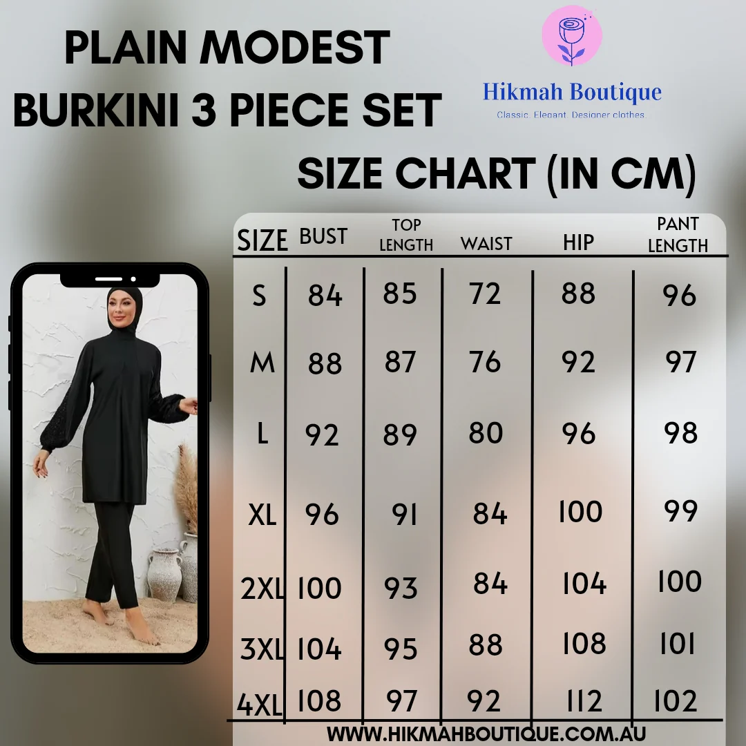 Plain Burkini Modest Swimwear Set - Black | 3 Piece Set - Image 5