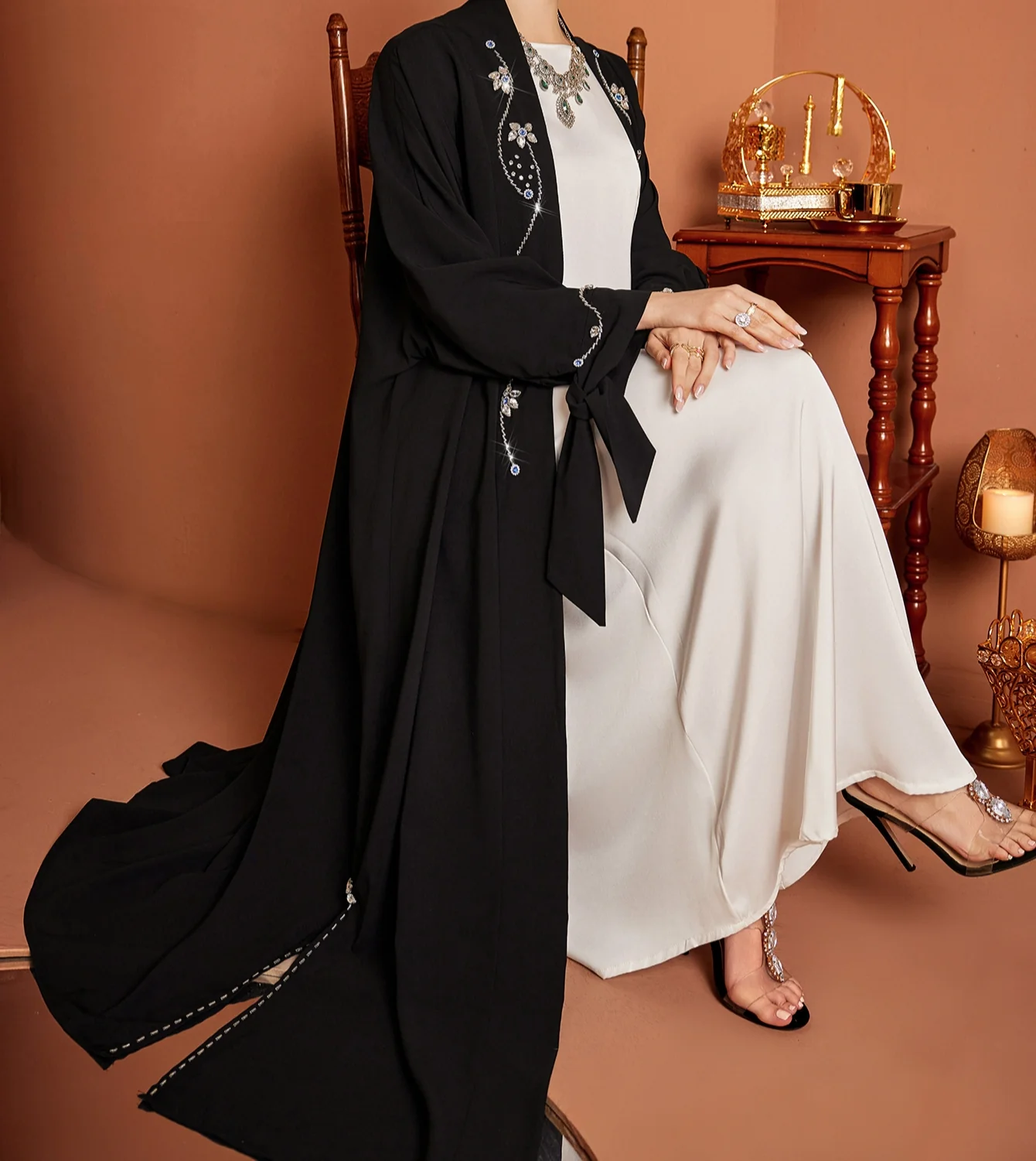 Rhinstones Open Abaya in Black - Image 3