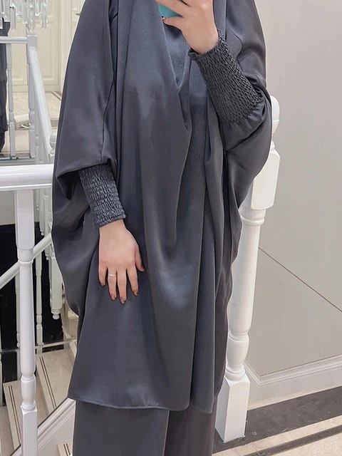 Satin French Jilbab in Dark Grey | Two-Piece Set - Image 3