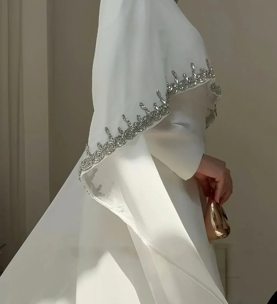 The Ethereal Cape-Overlay Abaya Set | Rhistones Heavy Decoration Abaya Set - White - Image 3
