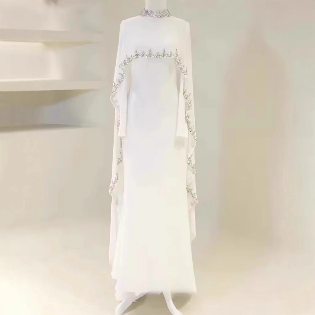 The Ethereal Cape-Overlay Abaya Set | Rhistones Heavy Decoration Abaya Set - White - Image 4