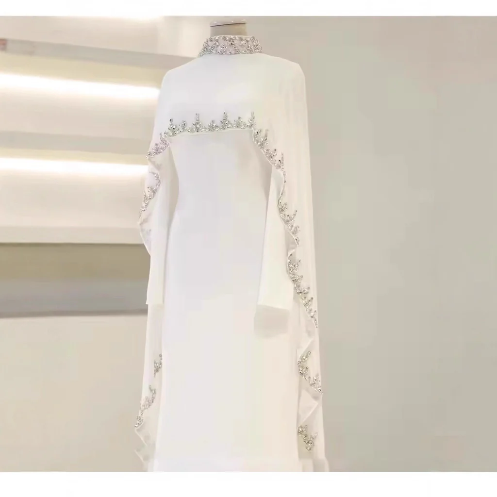 The Ethereal Cape-Overlay Abaya Set | Rhistones Heavy Decoration Abaya Set - White - Image 5