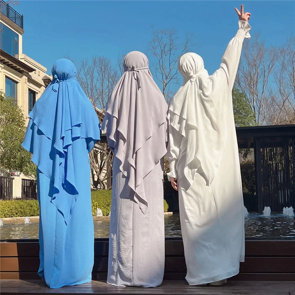 Sky Blue Crepe Crinkle Abaya With Khimar Set - clearance online only - Image 3