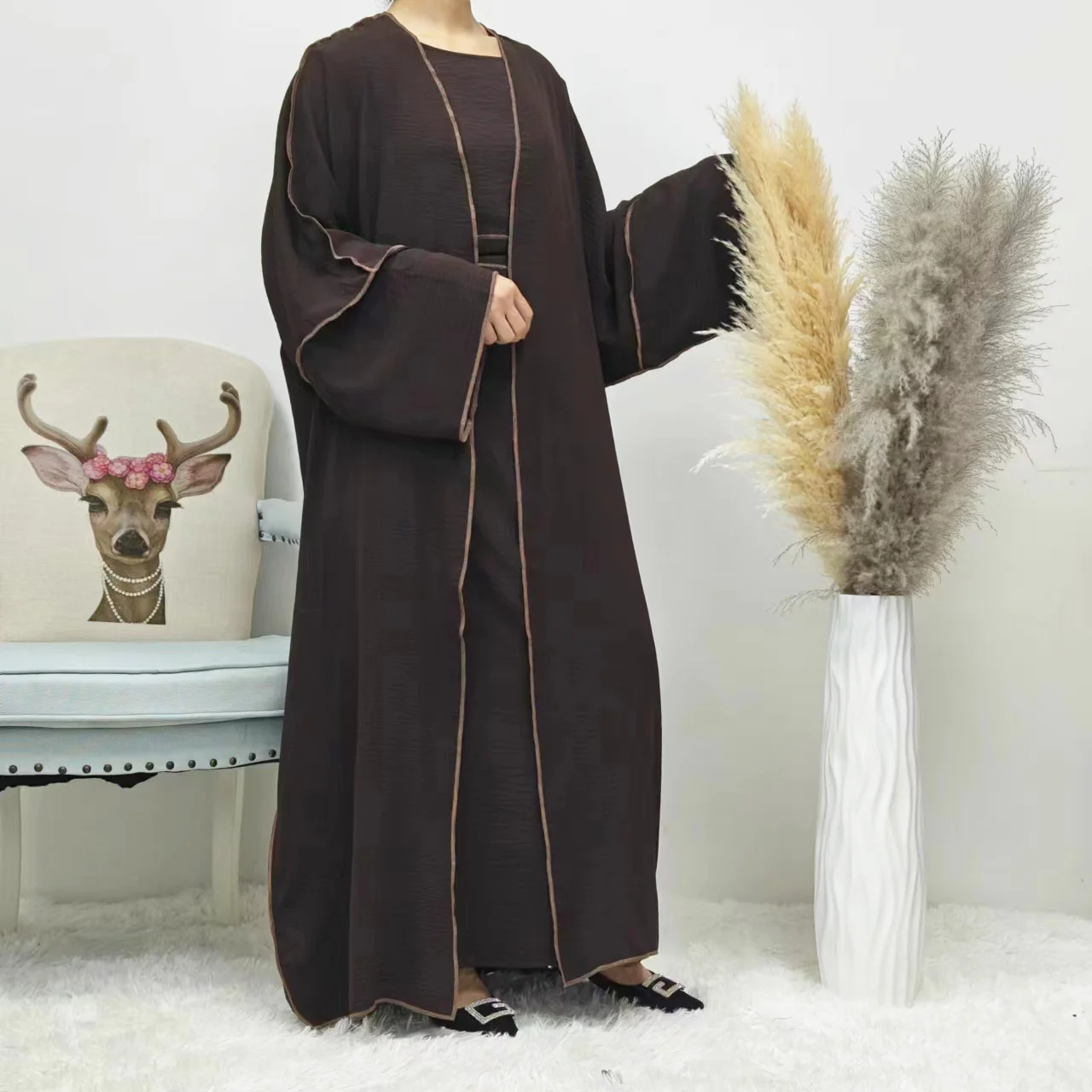 Summer Abaya 2-Piece Set in Dark Coffee - clearance online only