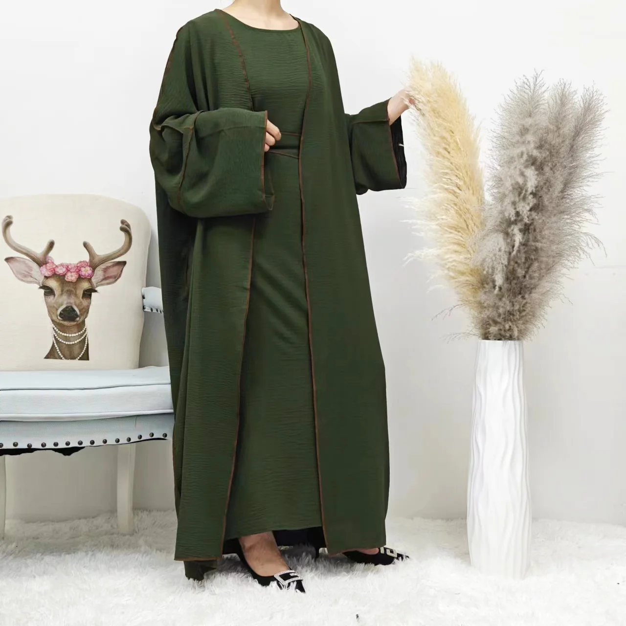 Summer Abaya 2-Piece Set in Dark Olive - clearance online only