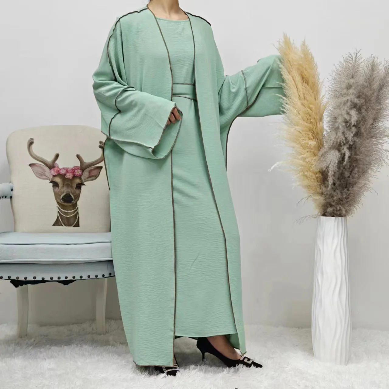 Summer Abaya 2-Piece Set in Dusty Green - clearance online only