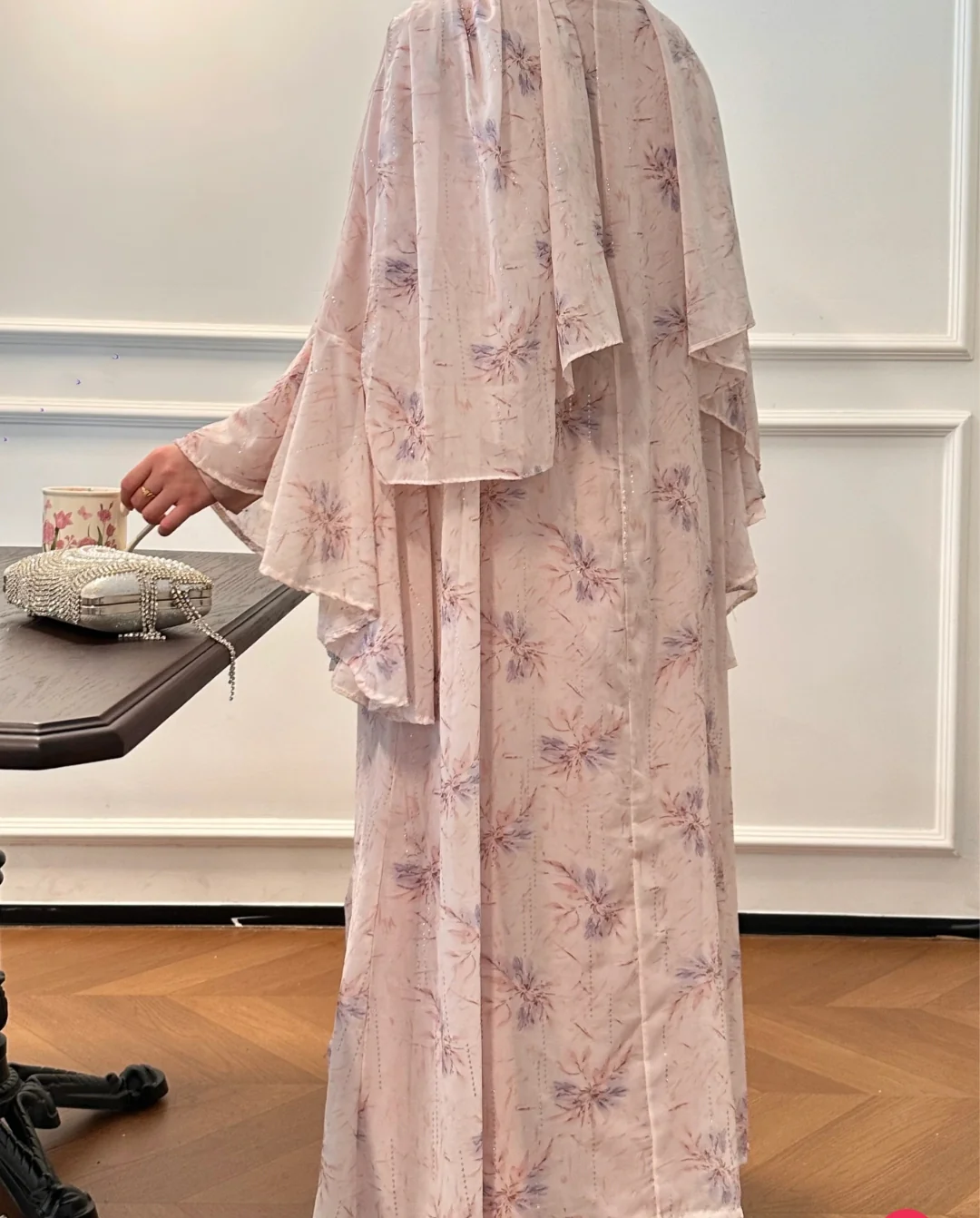 Floral Print Chiffon Abaya 3 pcs Set - Blossom - Image 3