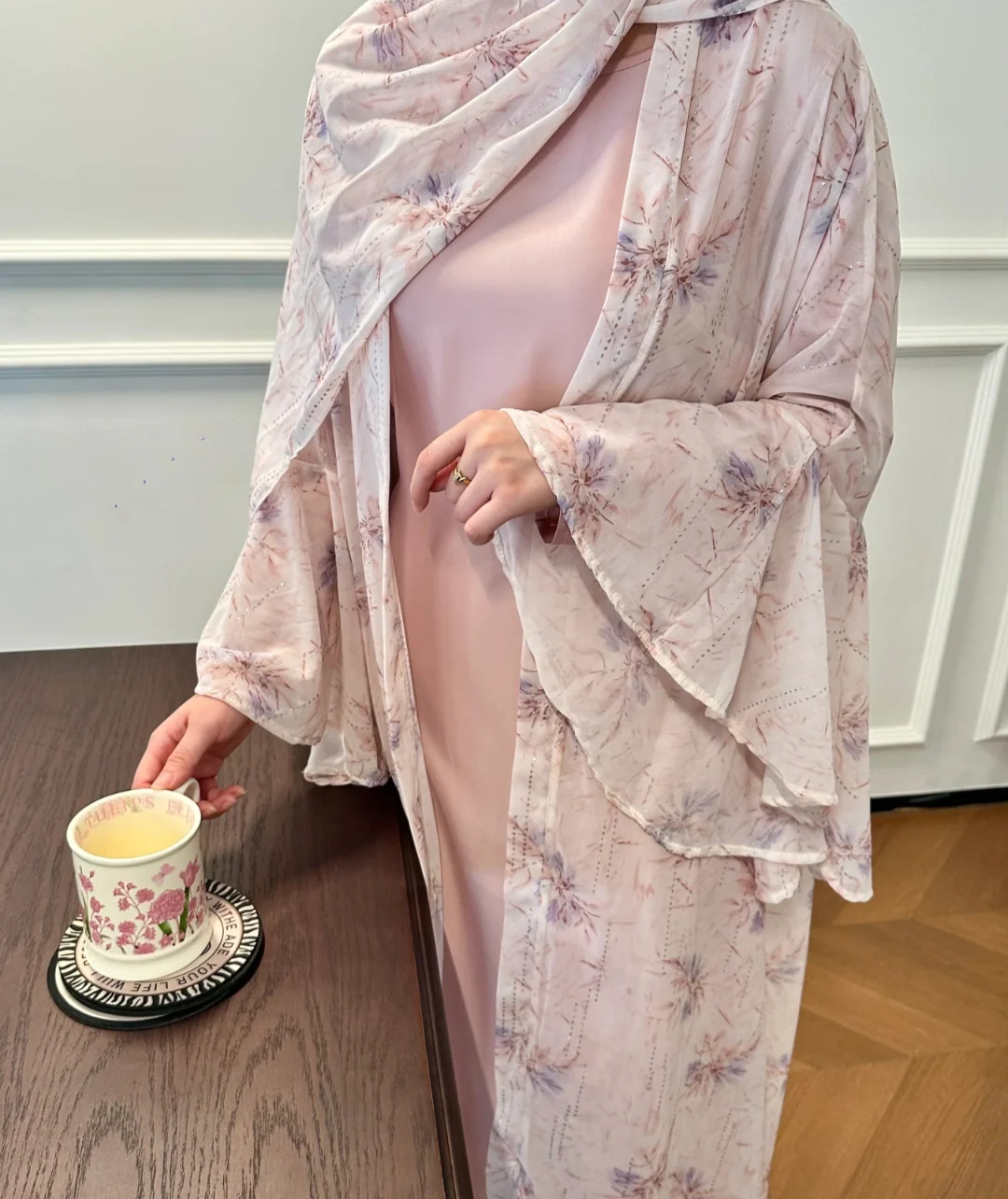 Floral Print Chiffon Abaya 3 pcs Set - Blossom - Image 4