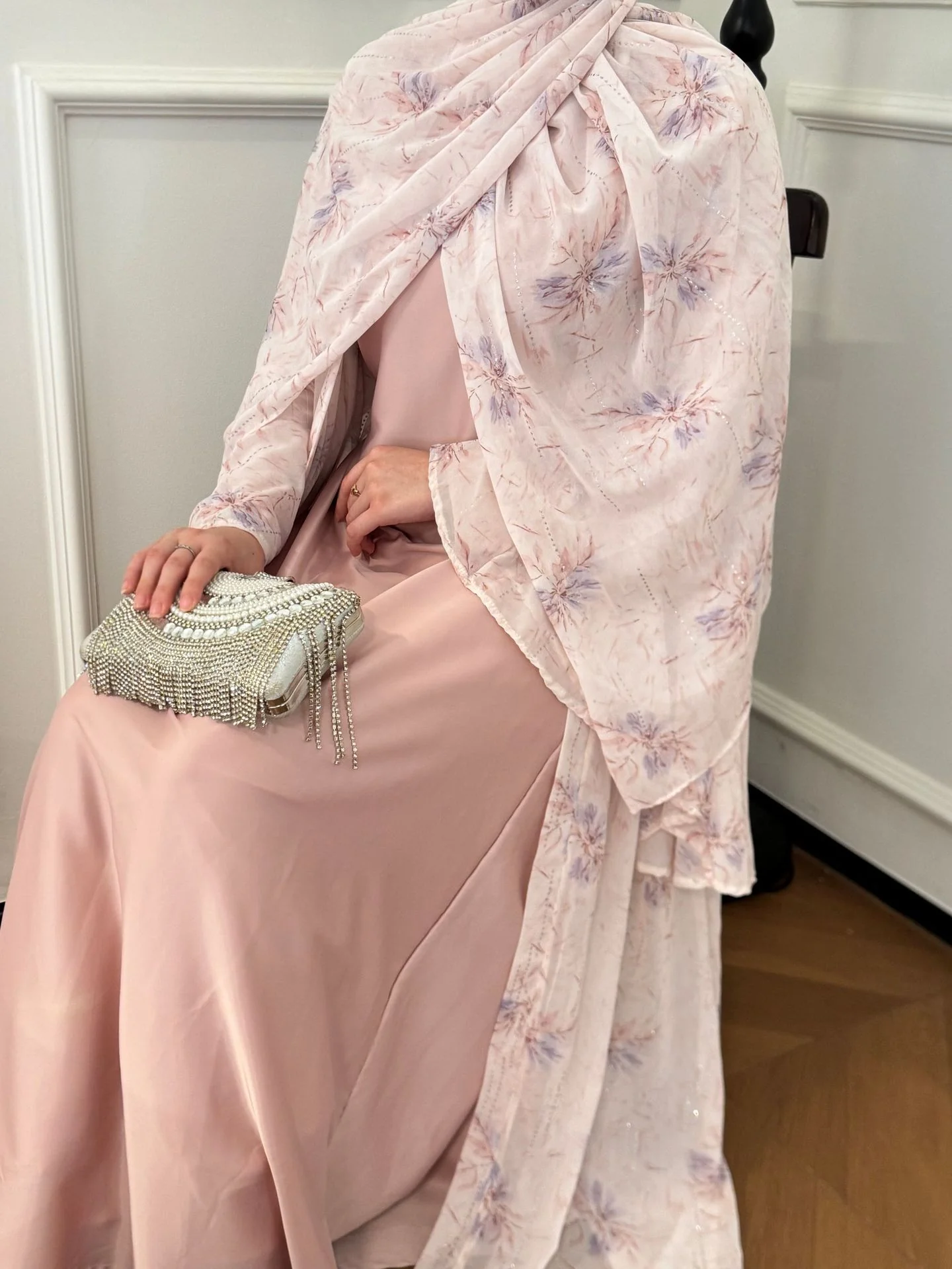Floral Print Chiffon Abaya 3 pcs Set - Blossom - Image 5
