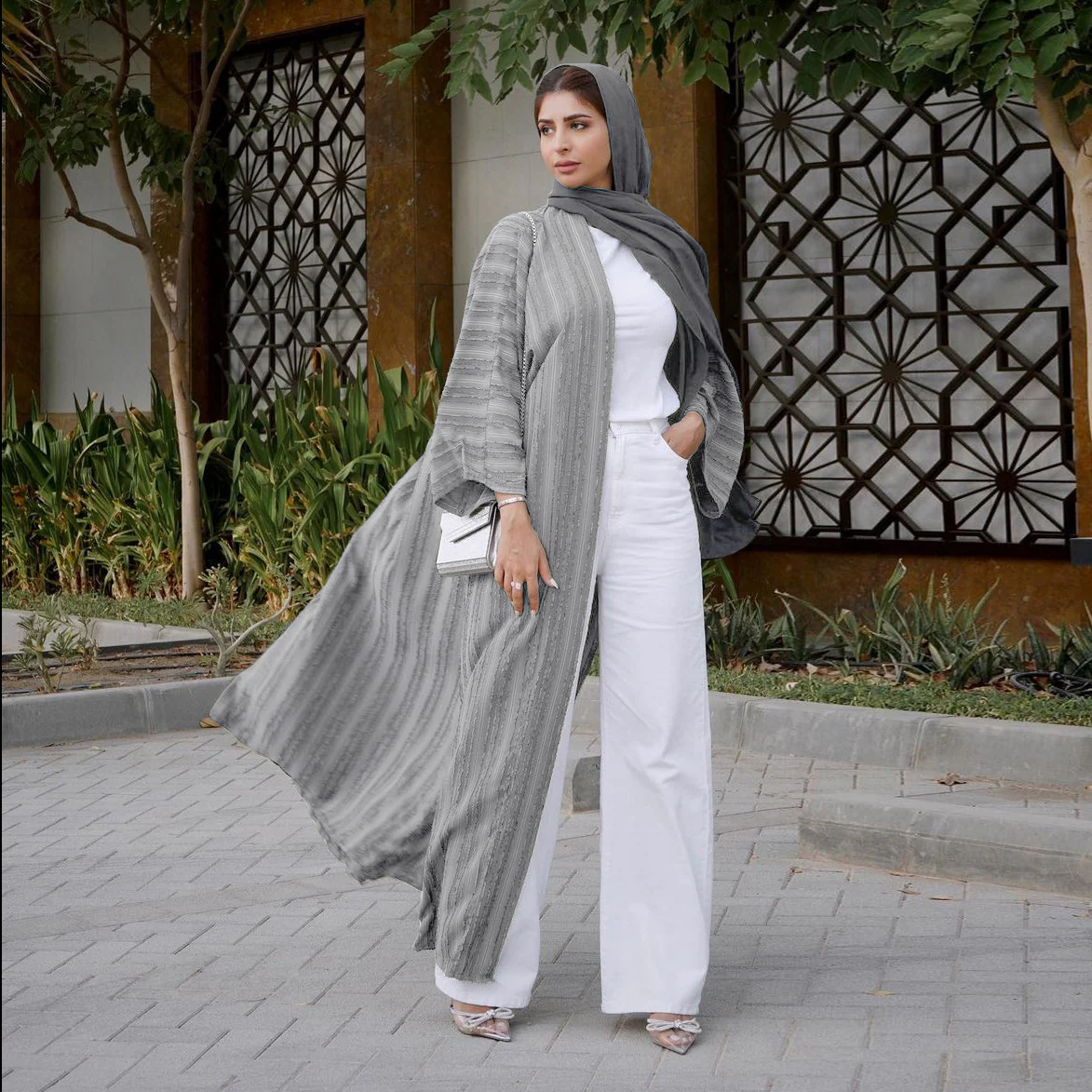 Vintage Summer Open Abaya - Pearl Grey