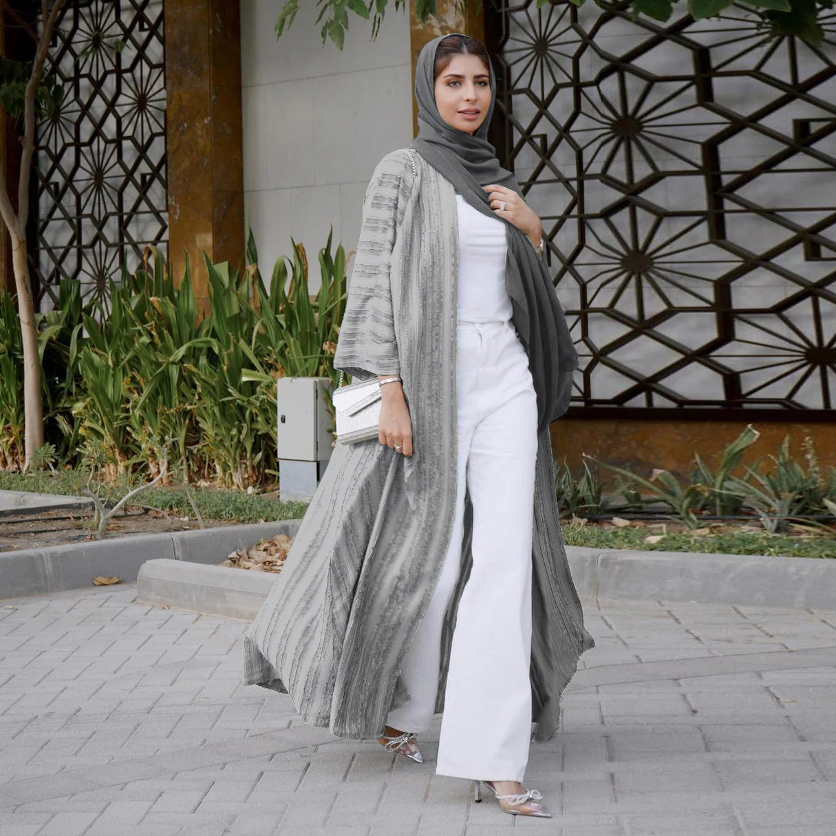 Vintage Summer Open Abaya - Pearl Grey - Image 2