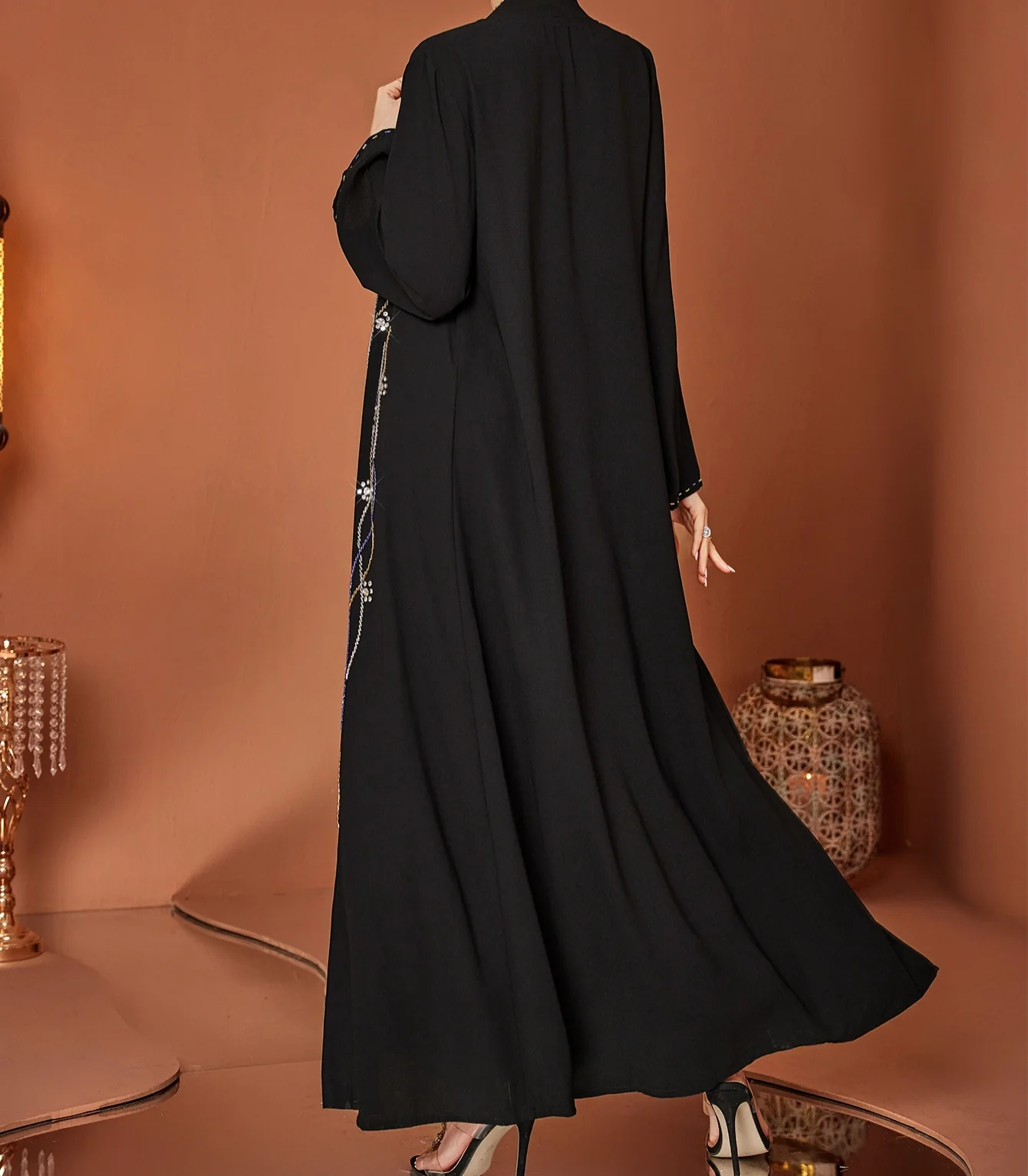 Beaded Open Abaya in Black - Image 3