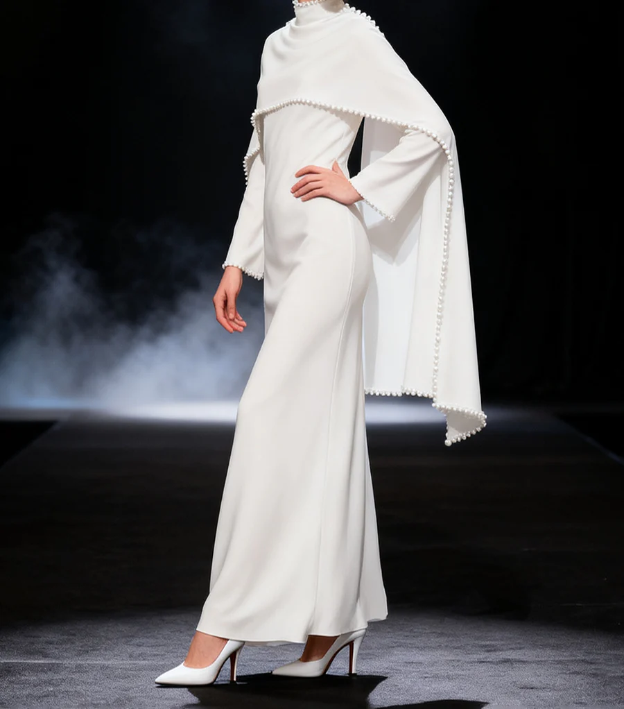 White Jersey Abaya with Matching Decorative Pearl Strip - Image 3