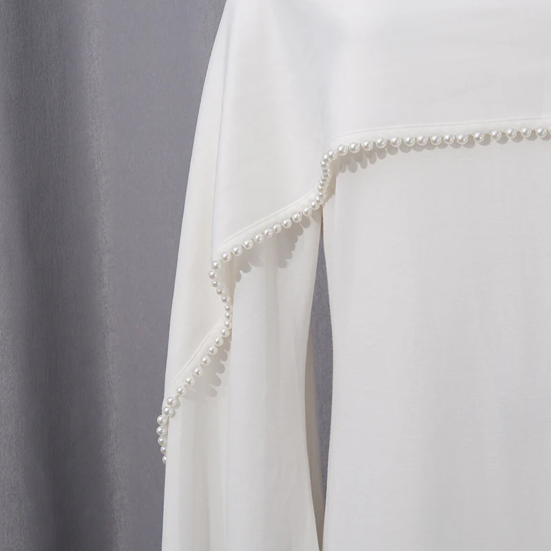 White Jersey Abaya with Matching Decorative Pearl Strip - Image 5